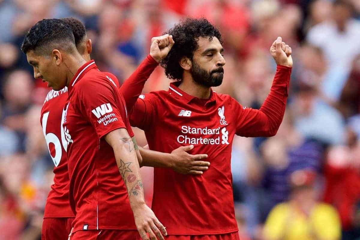 LIVERPOOL, ENGLAND - Sunday, August 12, 2018: Liverpool's Mohamed Salah celebrates scoring the first goal during the FA Premier League match between Liverpool FC and West Ham United FC at Anfield. (Pic by David Rawcliffe/Propaganda)