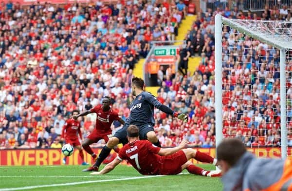 LIVERPOOL, ENGLAND - Sunday, August 12, 2018: Liverpool's James Milner crosses the ball for team-mate Sadio Mane to score the second goal during the FA Premier League match between Liverpool FC and West Ham United FC at Anfield. (Pic by David Rawcliffe/Propaganda)
