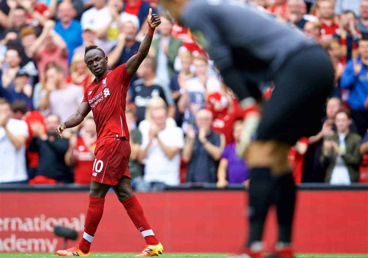 LIVERPOOL, ENGLAND - Sunday, August 12, 2018: Liverpool's Sadio Mane celebrates scoring the second goal during the FA Premier League match between Liverpool FC and West Ham United FC at Anfield. (Pic by David Rawcliffe/Propaganda)