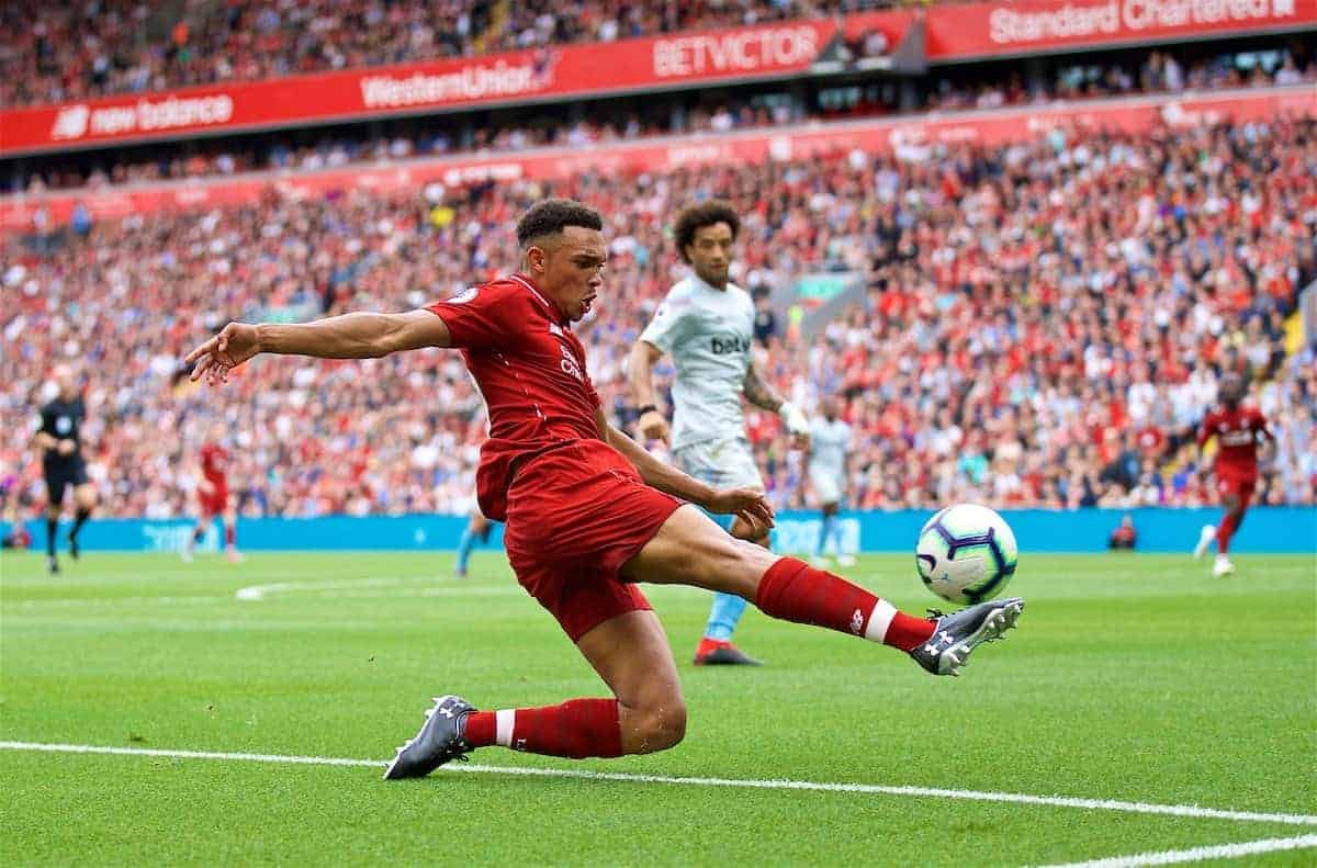 LIVERPOOL, ENGLAND - Sunday, August 12, 2018: Liverpool's Trent Alexander-Arnold during the FA Premier League match between Liverpool FC and West Ham United FC at Anfield. (Pic by David Rawcliffe/Propaganda)