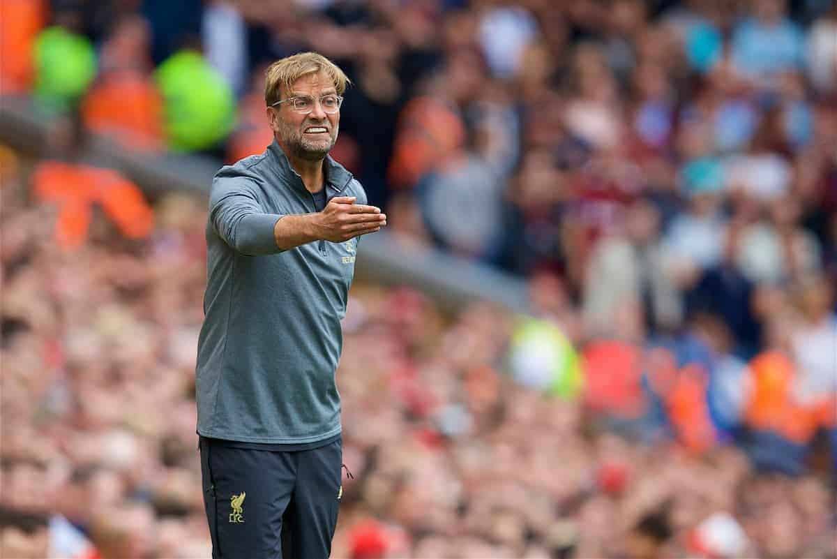 LIVERPOOL, ENGLAND - Sunday, August 12, 2018: Liverpool's manager Jürgen Klopp reacts during the FA Premier League match between Liverpool FC and West Ham United FC at Anfield. (Pic by David Rawcliffe/Propaganda)