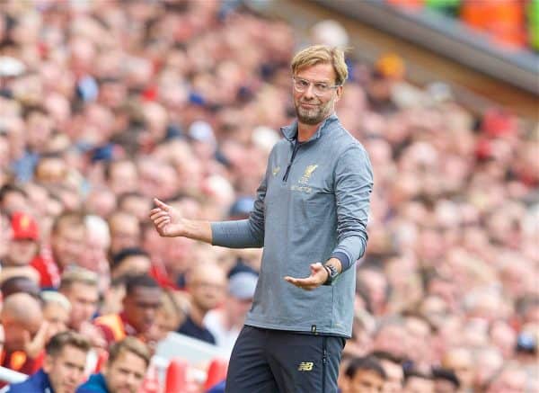 LIVERPOOL, ENGLAND - Sunday, August 12, 2018: Liverpool's manager Jürgen Klopp reacts during the FA Premier League match between Liverpool FC and West Ham United FC at Anfield. (Pic by David Rawcliffe/Propaganda)