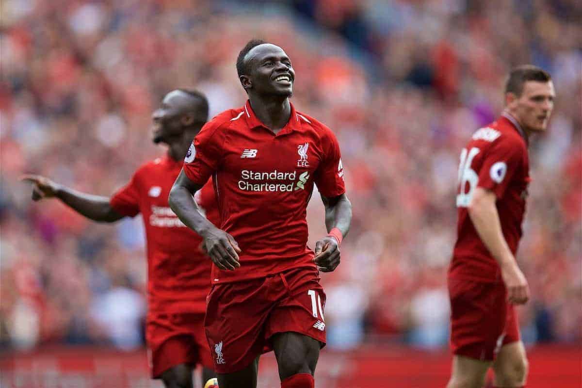 LIVERPOOL, ENGLAND - Sunday, August 12, 2018: Liverpool's Sadio Mane celebrates scoring the third goal during the FA Premier League match between Liverpool FC and West Ham United FC at Anfield. (Pic by David Rawcliffe/Propaganda)