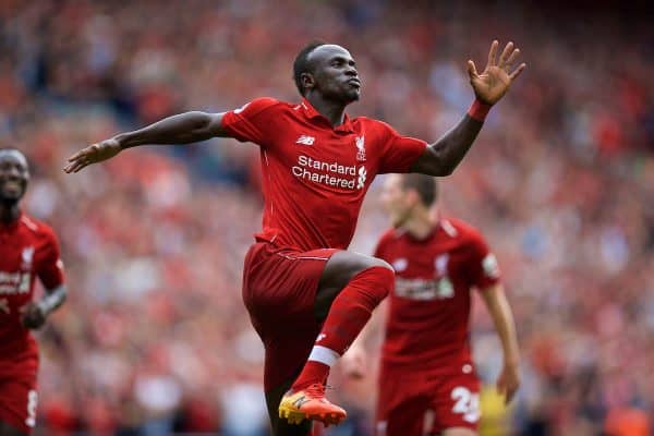 LIVERPOOL, ENGLAND - Sunday, August 12, 2018: Liverpool's Sadio Mane celebrates scoring the third goal during the FA Premier League match between Liverpool FC and West Ham United FC at Anfield. (Pic by David Rawcliffe/Propaganda)