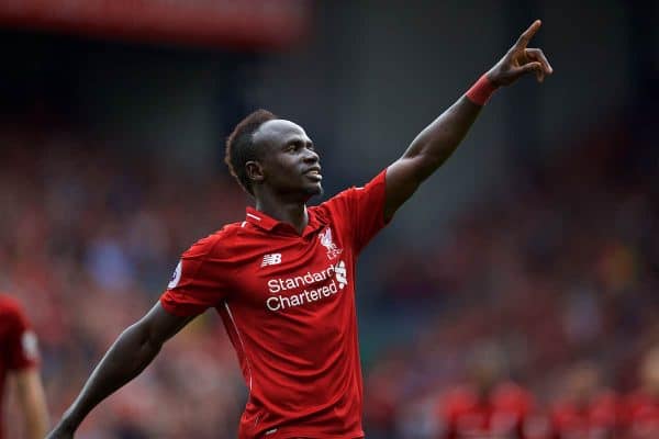 LIVERPOOL, ENGLAND - Sunday, August 12, 2018: Liverpool's Sadio Mane celebrates scoring the third goal during the FA Premier League match between Liverpool FC and West Ham United FC at Anfield. (Pic by David Rawcliffe/Propaganda)