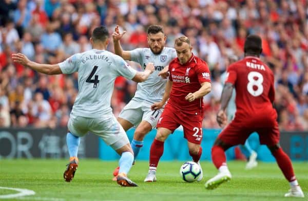 LIVERPOOL, ENGLAND - Sunday, August 12, 2018: Liverpool's Xherdan Shaqiri during the FA Premier League match between Liverpool FC and West Ham United FC at Anfield. (Pic by David Rawcliffe/Propaganda)