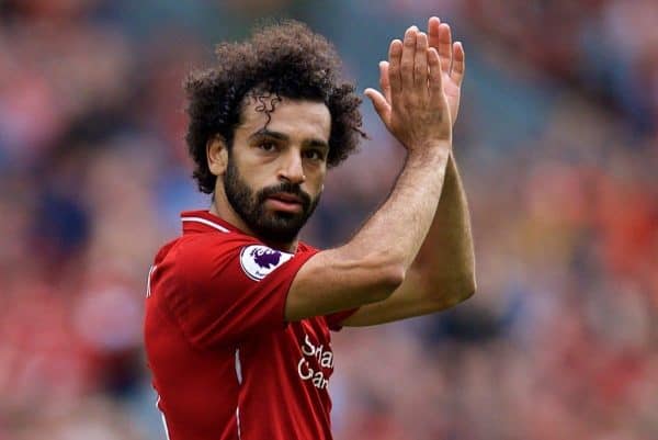 LIVERPOOL, ENGLAND - Sunday, August 12, 2018: Liverpool's Mohamed Salah applauds the supporters as he is substituted during the FA Premier League match between Liverpool FC and West Ham United FC at Anfield. (Pic by David Rawcliffe/Propaganda)