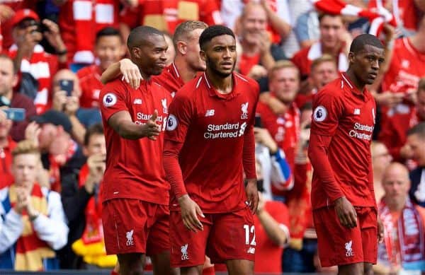 LIVERPOOL, ENGLAND - Sunday, August 12, 2018: Liverpool's Daniel Sturridge (left) celebrates scoring the fourth goal during the FA Premier League match between Liverpool FC and West Ham United FC at Anfield. (Pic by David Rawcliffe/Propaganda)