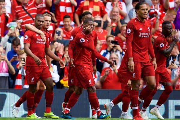 LIVERPOOL, ENGLAND - Sunday, August 12, 2018: Liverpool's Daniel Sturridge celebrates scoring the fourth goal during the FA Premier League match between Liverpool FC and West Ham United FC at Anfield. (Pic by David Rawcliffe/Propaganda)