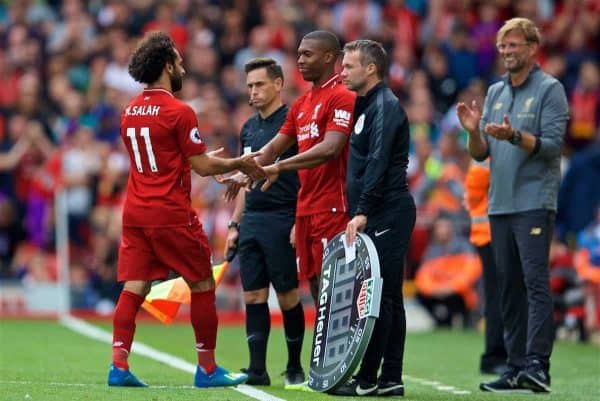 LIVERPOOL, ENGLAND - Sunday, August 12, 2018: Liverpool's Mohamed Salah is replaced by substitute Daniel Sturridge during the FA Premier League match between Liverpool FC and West Ham United FC at Anfield. (Pic by David Rawcliffe/Propaganda)