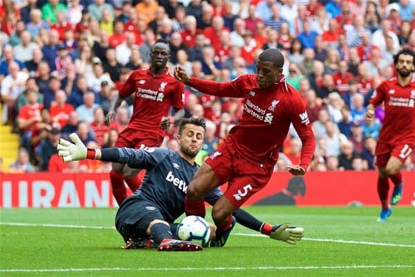 LIVERPOOL, ENGLAND - Sunday, August 12, 2018: Liverpool's Georginio Wijnaldum and West Ham United's goalkeeper Lukasz Fabia?ski during the FA Premier League match between Liverpool FC and West Ham United FC at Anfield. (Pic by David Rawcliffe/Propaganda)