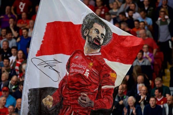 LIVERPOOL, ENGLAND - Sunday, August 12, 2018: A Liverpool supporter's flag featuring Mohamed Salah during the FA Premier League match between Liverpool FC and West Ham United FC at Anfield. (Pic by David Rawcliffe/Propaganda)