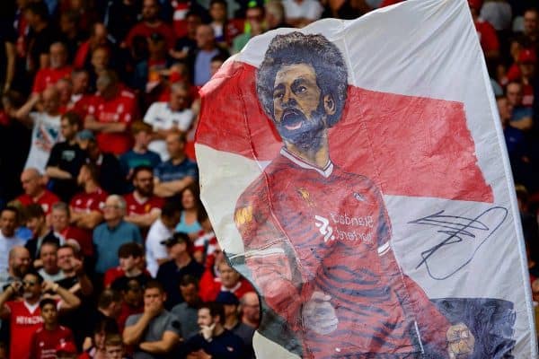 LIVERPOOL, ENGLAND - Sunday, August 12, 2018: A Liverpool supporter's flag featuring Mohamed Salah during the FA Premier League match between Liverpool FC and West Ham United FC at Anfield. (Pic by David Rawcliffe/Propaganda)