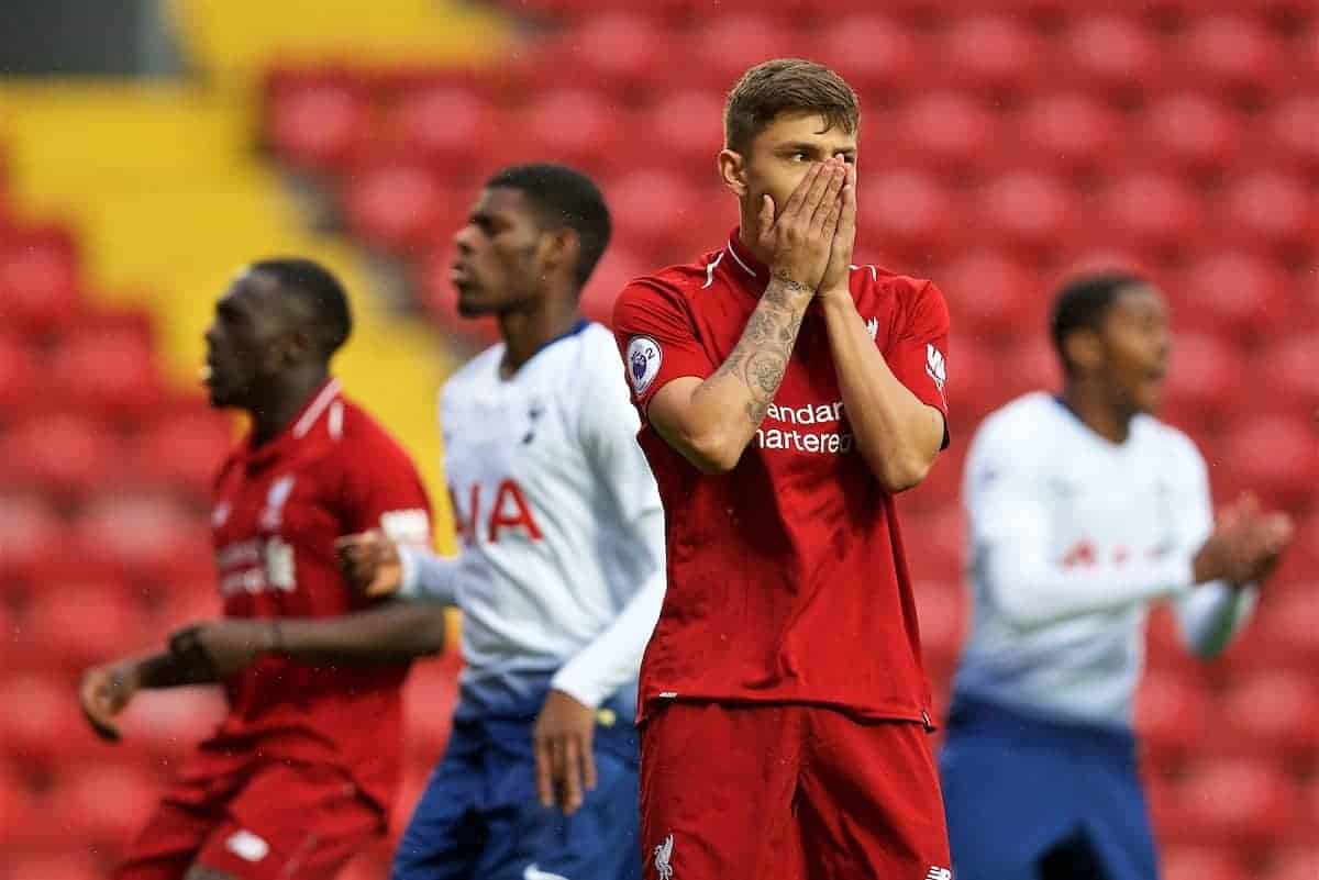 LIVERPOOL, ENGLAND - Friday, August 17, 2018: Liverpool's Adam Lewis missing a penalty kick during the Under-23 FA Premier League 2 Division 1 match between Liverpool FC and Tottenham Hotspur FC at Anfield. (Pic by David Rawcliffe/Propaganda)