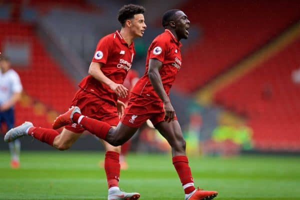 LIVERPOOL, ENGLAND - Friday, August 17, 2018: Liverpool's Bobby Adekanye celebrates scoring the first goal during the Under-23 FA Premier League 2 Division 1 match between Liverpool FC and Tottenham Hotspur FC at Anfield. (Pic by David Rawcliffe/Propaganda)