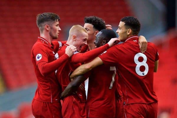 LIVERPOOL, ENGLAND - Friday, August 17, 2018: Liverpool's Bobby Adekanye celebrates scoring the first goal during the Under-23 FA Premier League 2 Division 1 match between Liverpool FC and Tottenham Hotspur FC at Anfield. (Pic by David Rawcliffe/Propaganda)