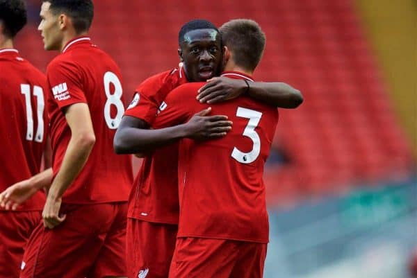 LIVERPOOL, ENGLAND - Friday, August 17, 2018: Liverpool's Bobby Adekanye celebrates scoring the first goal during the Under-23 FA Premier League 2 Division 1 match between Liverpool FC and Tottenham Hotspur FC at Anfield. (Pic by David Rawcliffe/Propaganda)