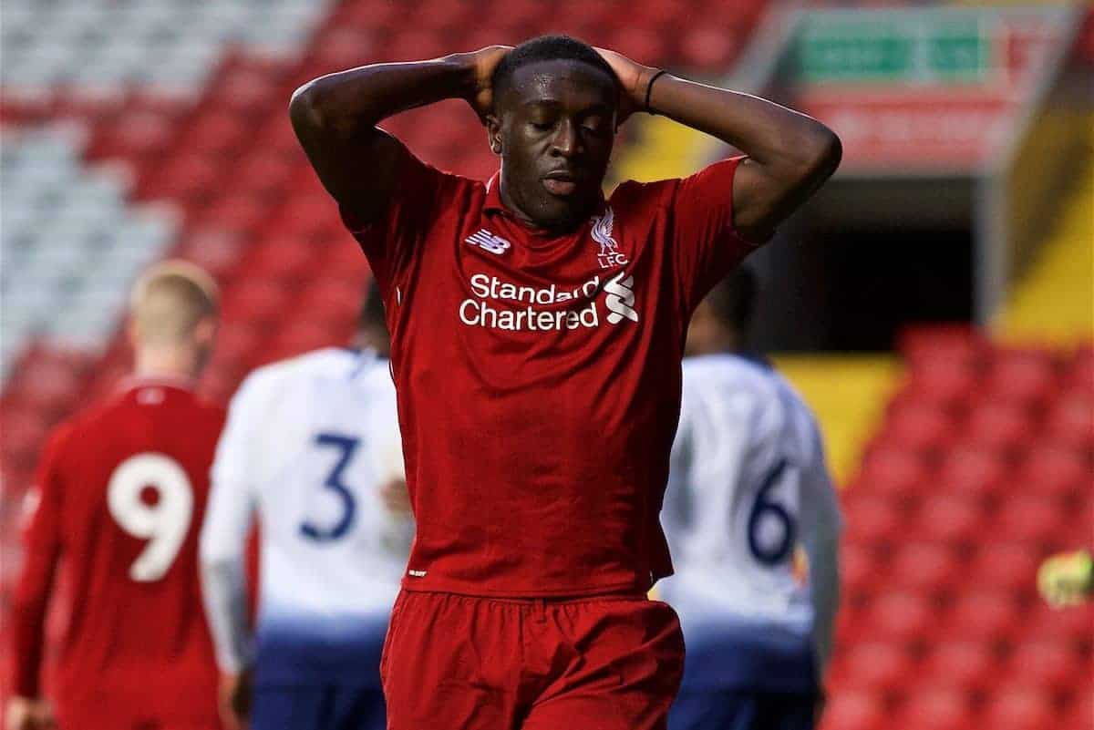 LIVERPOOL, ENGLAND - Friday, August 17, 2018: Liverpool's Bobby Adekanye looks dejected after missing a chance during the Under-23 FA Premier League 2 Division 1 match between Liverpool FC and Tottenham Hotspur FC at Anfield. (Pic by David Rawcliffe/Propaganda)