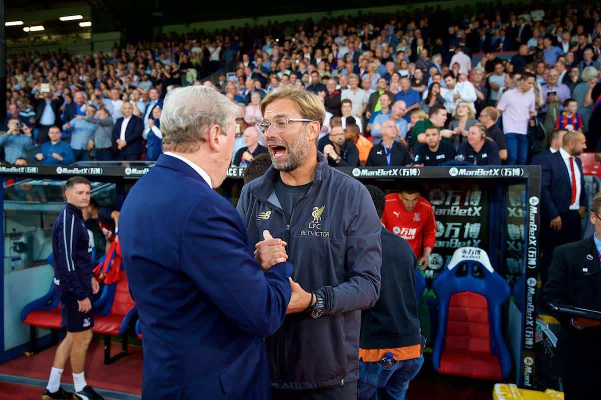 LONDON, ENGLAND - Monday, August 20, 2018: Crystal Palace's manager Roy Hodgson and manager Jürgen Klopp shake hands before the FA Premier League match between Crystal Palace and Liverpool FC at Selhurst Park. (Pic by David Rawcliffe/Propaganda)