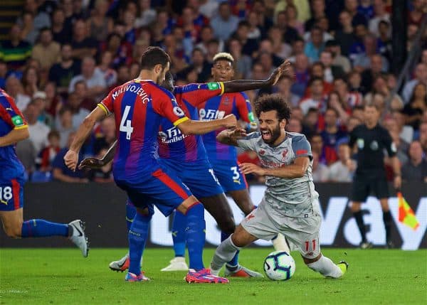 LONDON, ENGLAND - Monday, August 20, 2018: Liverpool's Mohamed Salah is brought down for a penalty during the FA Premier League match between Crystal Palace and Liverpool FC at Selhurst Park. (Pic by David Rawcliffe/Propaganda)