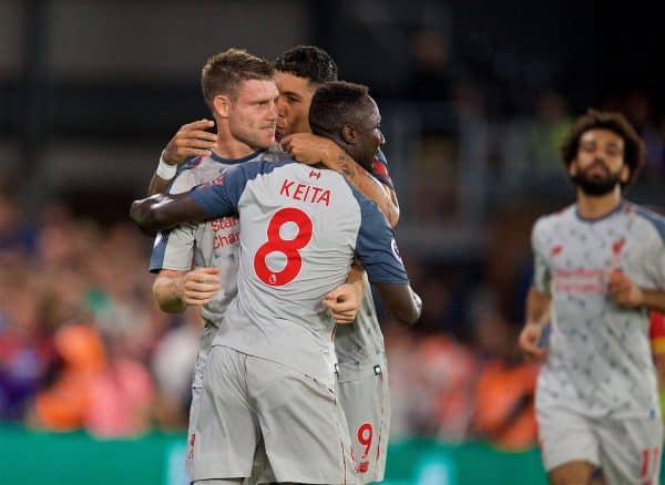 LONDON, ENGLAND - Monday, August 20, 2018: Liverpool's James Milner celebrates scoring the first goal from a penalty kick with team-mate Roberto Firmino (centre) and Naby Keita (right) during the FA Premier League match between Crystal Palace and Liverpool FC at Selhurst Park. (Pic by David Rawcliffe/Propaganda)