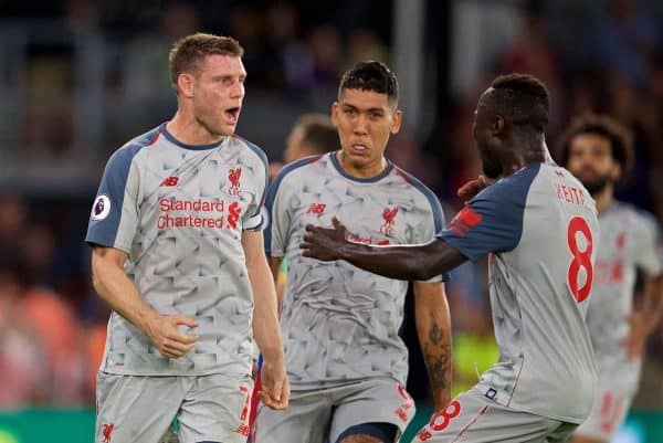 LONDON, ENGLAND - Monday, August 20, 2018: Liverpool's James Milner celebrates scoring the first goal from a penalty kick with team-mate Roberto Firmino (centre) and Naby Keita (right) during the FA Premier League match between Crystal Palace and Liverpool FC at Selhurst Park. (Pic by David Rawcliffe/Propaganda)