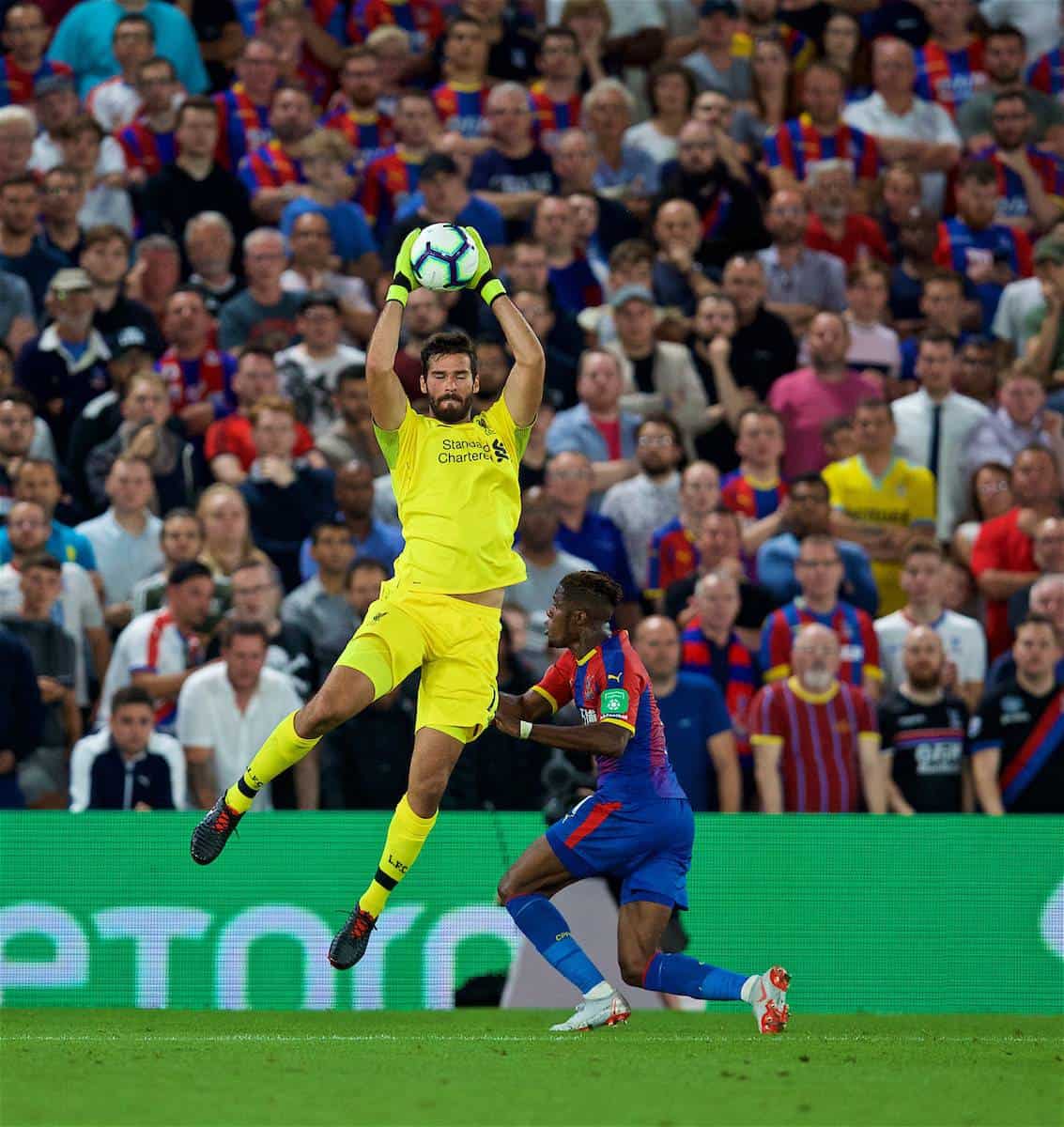 LONDON, ENGLAND - Monday, August 20, 2018: Liverpool's goalkeeper Alisson Becker during the FA Premier League match between Crystal Palace and Liverpool FC at Selhurst Park. (Pic by David Rawcliffe/Propaganda)