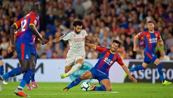 LONDON, ENGLAND - Monday, August 20, 2018: Liverpool's Mohamed Salah and Crystal Palace's James Tomkins during the FA Premier League match between Crystal Palace and Liverpool FC at Selhurst Park. (Pic by David Rawcliffe/Propaganda)