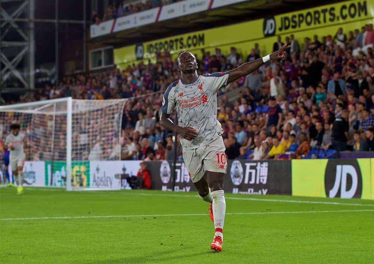 LONDON, ENGLAND - Monday, August 20, 2018: Liverpool's Sadio Mane celebrates scoring the second goal during the FA Premier League match between Crystal Palace and Liverpool FC at Selhurst Park. (Pic by David Rawcliffe/Propaganda)