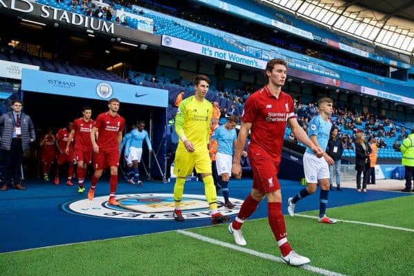 MANCHESTER, ENGLAND - Friday, August 24, 2018: Liverpool's captain Matty Virtue leads his team out before the Under-23 FA Premier League 2 Division 1 match between Manchester City FC and Liverpool FC at the City of Manchester Stadium. (Pic by David Rawcliffe/Propaganda)