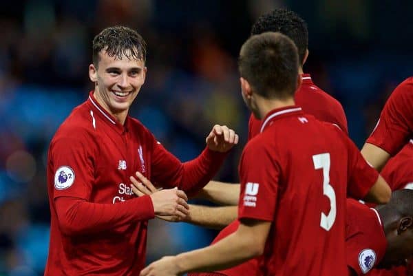 MANCHESTER, ENGLAND - Friday, August 24, 2018: Liverpool's Liam Millar celebrates scoring the first goal with team-mates during the Under-23 FA Premier League 2 Division 1 match between Manchester City FC and Liverpool FC at the City of Manchester Stadium. (Pic by David Rawcliffe/Propaganda)