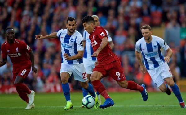 LIVERPOOL, ENGLAND - Saturday, August 25, 2018: Brighton & Hove Albion's MartÌn Montoya (left) and Liverpool's Roberto Firmino (right) during the FA Premier League match between Liverpool FC and Brighton & Hove Albion FC at Anfield. (Pic by David Rawcliffe/Propaganda)