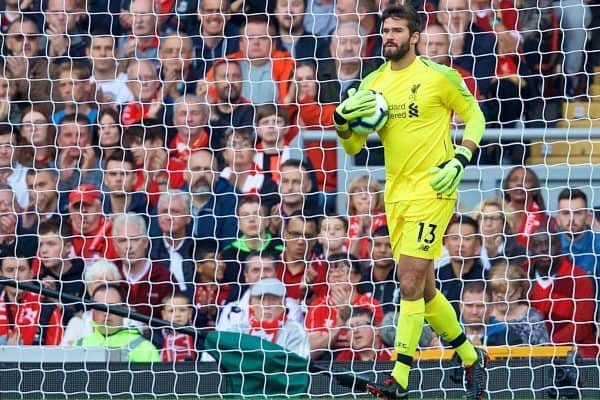 LIVERPOOL, ENGLAND - Saturday, August 25, 2018: Liverpool's goalkeeper Alisson Becker during the FA Premier League match between Liverpool FC and Brighton & Hove Albion FC at Anfield. (Pic by David Rawcliffe/Propaganda)