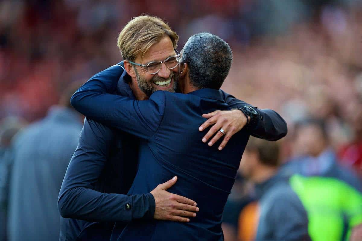 LIVERPOOL, ENGLAND - Saturday, August 25, 2018: Liverpool's manager Jürgen Klopp embraces Brighton & Hove Albion's manager Chris Hughton before the FA Premier League match between Liverpool FC and Brighton & Hove Albion FC at Anfield. (Pic by David Rawcliffe/Propaganda)