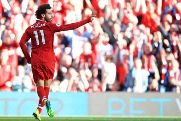 LIVERPOOL, ENGLAND - Saturday, August 25, 2018: Liverpool's Mohamed Salah celebrates scoring the first goal during the FA Premier League match between Liverpool FC and Brighton & Hove Albion FC at Anfield. (Pic by David Rawcliffe/Propaganda)