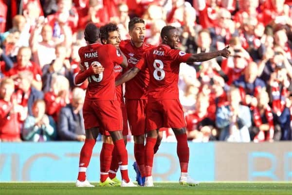 LIVERPOOL, ENGLAND - Saturday, August 25, 2018: Liverpool's Mohamed Salah celebrates scoring the first goal with team-mates during the FA Premier League match between Liverpool FC and Brighton & Hove Albion FC at Anfield. (Pic by David Rawcliffe/Propaganda)