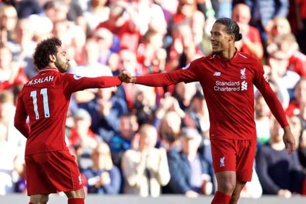 LIVERPOOL, ENGLAND - Saturday, August 25, 2018: Liverpool's Mohamed Salah celebrates scoring the first goal with team-mate Virgil van Dijk (right) during the FA Premier League match between Liverpool FC and Brighton & Hove Albion FC at Anfield. (Pic by David Rawcliffe/Propaganda)