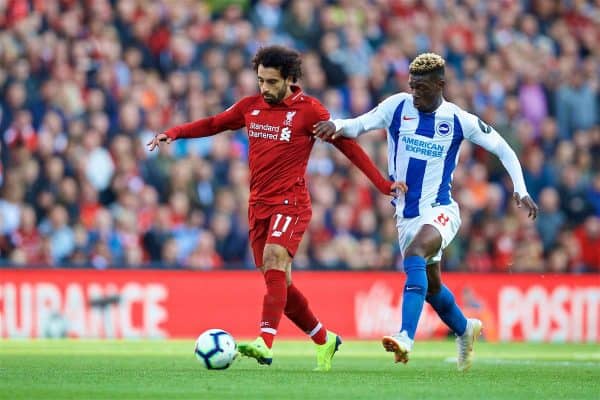 LIVERPOOL, ENGLAND - Saturday, August 25, 2018: Liverpool's Mohamed Salah (left) and Brighton & Hove Albion's Yves Bissouma (right) during the FA Premier League match between Liverpool FC and Brighton & Hove Albion FC at Anfield. (Pic by David Rawcliffe/Propaganda)