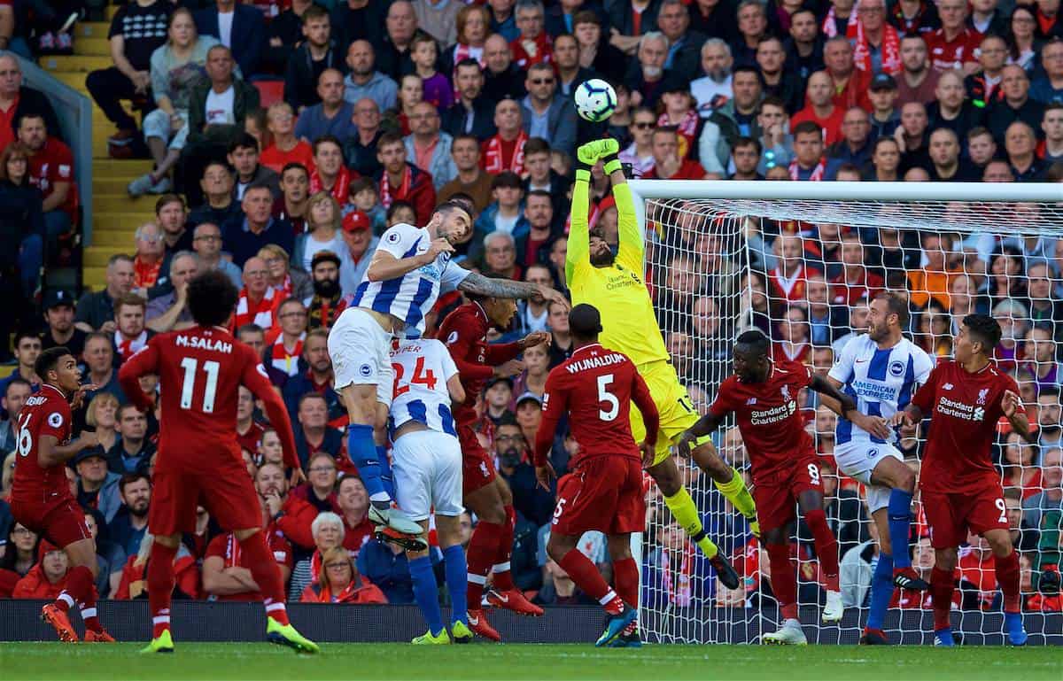 LIVERPOOL, ENGLAND - Saturday, August 25, 2018: Liverpool's goalkeeper Alisson Becker during the FA Premier League match between Liverpool FC and Brighton & Hove Albion FC at Anfield. (Pic by David Rawcliffe/Propaganda)
