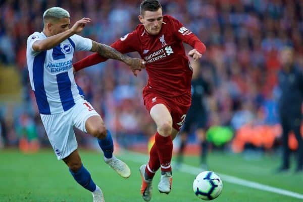 LIVERPOOL, ENGLAND - Saturday, August 25, 2018: Liverpool's Andy Robertson (right) and Brighton & Hove Albion's Anthony Knockaert (left) during the FA Premier League match between Liverpool FC and Brighton & Hove Albion FC at Anfield. (Pic by David Rawcliffe/Propaganda)