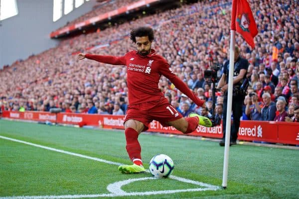 LIVERPOOL, ENGLAND - Saturday, August 25, 2018: Liverpool's Mohamed Salah takes a corner-kick during the FA Premier League match between Liverpool FC and Brighton & Hove Albion FC at Anfield. (Pic by David Rawcliffe/Propaganda)