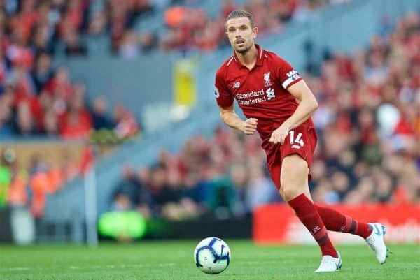 LIVERPOOL, ENGLAND - Saturday, August 25, 2018: Liverpool's captain Jordan Henderson during the FA Premier League match between Liverpool FC and Brighton & Hove Albion FC at Anfield. (Pic by David Rawcliffe/Propaganda)