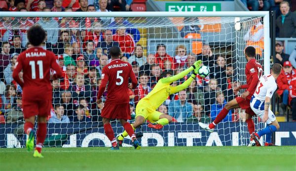 LIVERPOOL, ENGLAND - Saturday, August 25, 2018: Liverpool's goalkeeper Alisson Becker makes a safe2 during the FA Premier League match between Liverpool FC and Brighton & Hove Albion FC at Anfield. (Pic by David Rawcliffe/Propaganda)