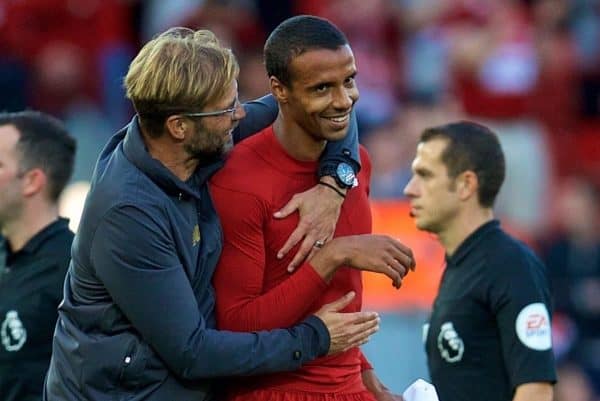 LIVERPOOL, ENGLAND - Saturday, August 25, 2018: Liverpool's manager J¸rgen Klopp and Joel Matip celebrates after the 1:0 victory at the FA Premier League match between Liverpool FC and Brighton & Hove Albion FC at Anfield. (Pic by David Rawcliffe/Propaganda)