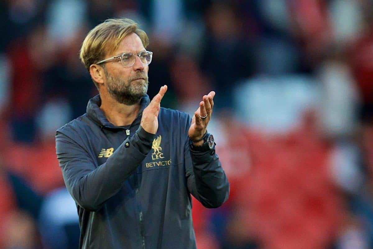 LIVERPOOL, ENGLAND - Saturday, August 25, 2018: Liverpool's manager J¸rgen Klopp celebrates after the 1-0 victory during the FA Premier League match between Liverpool FC and Brighton & Hove Albion FC at Anfield. (Pic by David Rawcliffe/Propaganda)