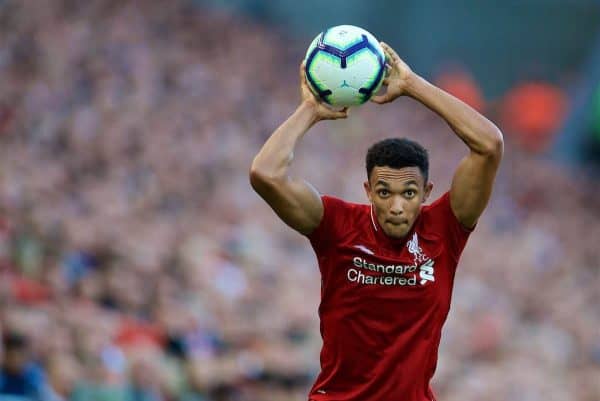 LIVERPOOL, ENGLAND - Saturday, August 25, 2018: Liverpool's Trent Alexander-Arnold takes a throw-in during the FA Premier League match between Liverpool FC and Brighton & Hove Albion FC at Anfield. (Pic by David Rawcliffe/Propaganda)