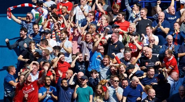 LEICESTER, ENGLAND - Saturday, September 1, 2018: Liverpool supporters celebrate the first goal during the FA Premier League match between Leicester City and Liverpool at the King Power Stadium. (Pic by David Rawcliffe/Propaganda)