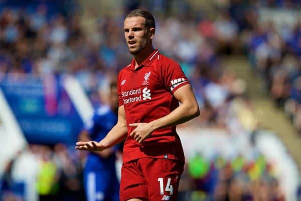 LEICESTER, ENGLAND - Saturday, September 1, 2018: Liverpool's captain Jordan Henderson during the FA Premier League match between Leicester City and Liverpool at the King Power Stadium. (Pic by David Rawcliffe/Propaganda)