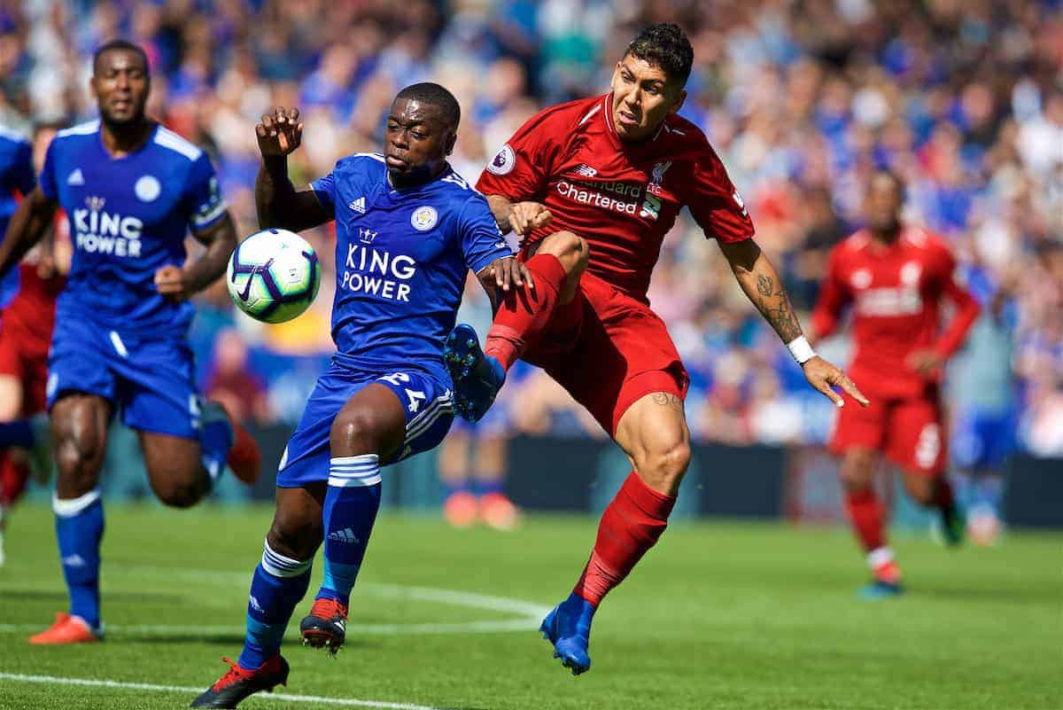 LEICESTER, ENGLAND - Saturday, September 1, 2018: Liverpool's Roberto Firmino and Leicester City's Nampalys Mendy during the FA Premier League match between Leicester City and Liverpool at the King Power Stadium. (Pic by David Rawcliffe/Propaganda)