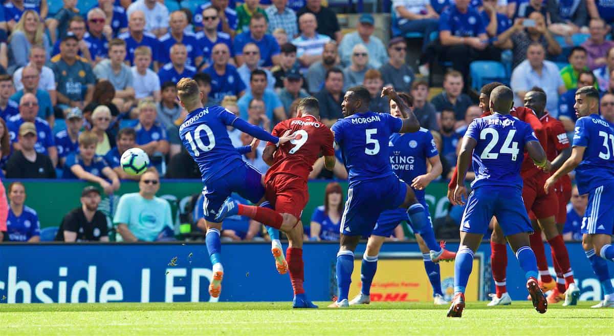 LEICESTER, ENGLAND - Saturday, September 1, 2018: Liverpool's Roberto Firmino scores the second goal with a header during the FA Premier League match between Leicester City and Liverpool at the King Power Stadium. (Pic by David Rawcliffe/Propaganda)